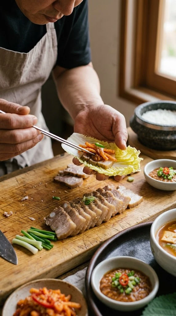 Trancher finement le porc cuit puis composer une bouchée dans une feuille avec radis assaisonné et une petite quantité de condiment