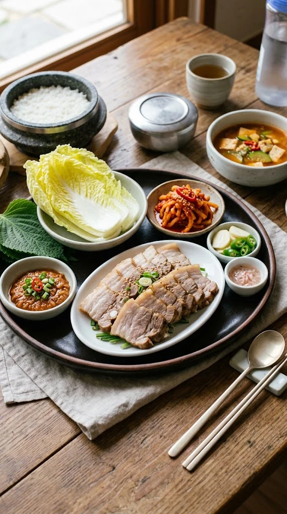 Plateau de bossam coréen avec tranches de porc tendre, feuilles de chou, radis assaisonné et condiments