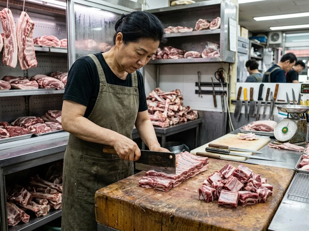 Boucherie coréenne ou artisan boucher préparant des côtes courtes de bœuf destinées au galbi jjim, scène documentaire sans mise en scène folklorique.