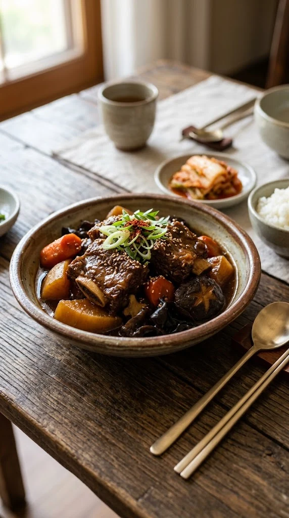 Galbi jjim coréen avec côtes de bœuf fondantes, carotte, radis et champignons dans une sauce brillante
