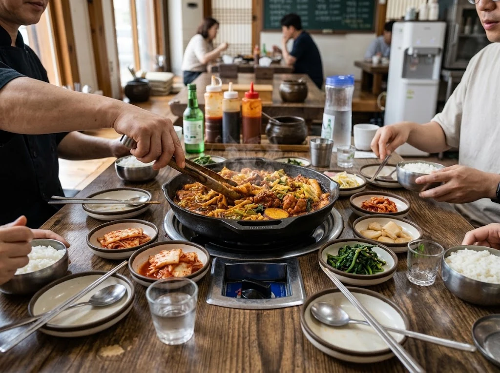 Table coréenne conviviale avec grande poêle de dakgalbi cuisant au centre, plusieurs convives suggérés par les couverts, sans portraits posés.