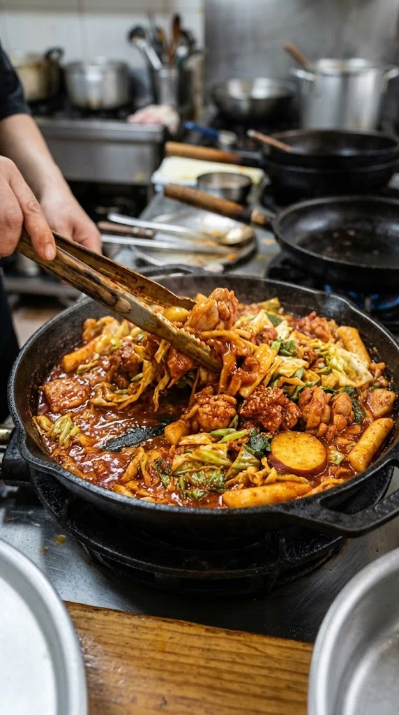 Mélanger le poulet mariné, le chou, la patate douce et les tteok sur une grande poêle pendant la cuisson jusqu’à enrober tous les ingrédients de sauce