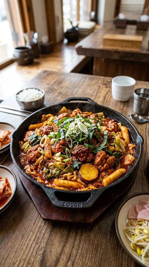 Dakgalbi coréen dans une grande poêle avec poulet épicé, chou, patate douce, tteok et feuilles de périlla