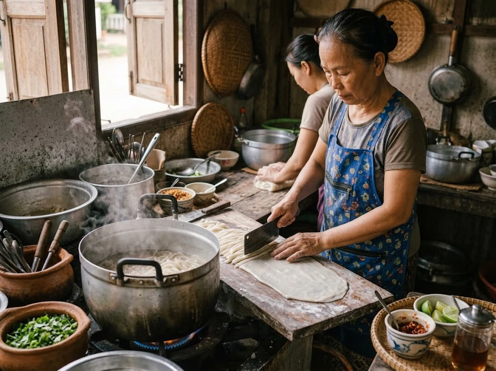 Cuisine laotienne où sont préparées des nouilles fraîches de riz et tapioca, scène artisanale crédible.