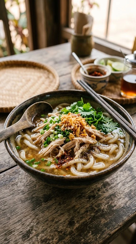 Bol de khao piak sen laotien avec nouilles épaisses, poulet effiloché, ciboule, coriandre et ail frit