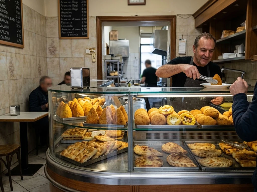 Rosticceria sicilienne présentant différentes formes d’arancini dans une vitrine, scène locale crédible.