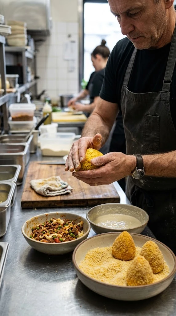 Façonner le riz autour de la garniture, refermer soigneusement, passer dans la pâte puis la chapelure avant friture