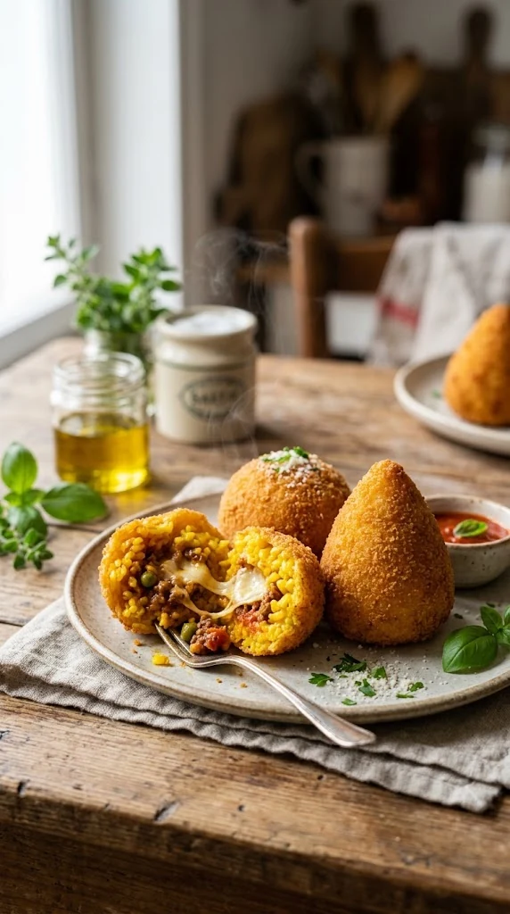 Arancini siciliens dorés, l’un ouvert montrant riz safrané et farce au ragù avec fromage