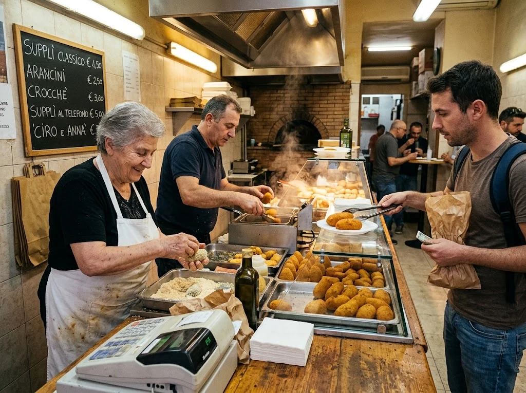 Pizzeria ou friggitoria romaine servant des supplì chauds au comptoir, scène quotidienne crédible.