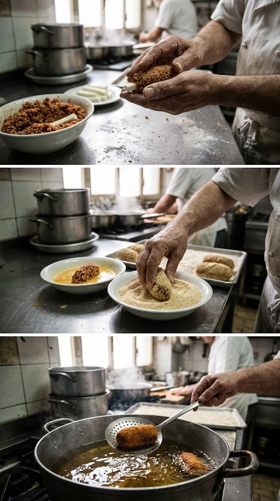 Façonner le riz froid autour d’un bâtonnet de mozzarella, paner puis frire jusqu’à obtenir une croûte dorée