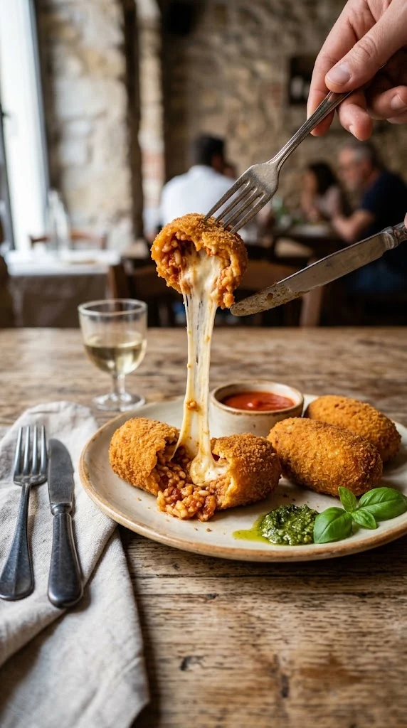 Supplì romains allongés et dorés, l’un ouvert avec long fil de mozzarella