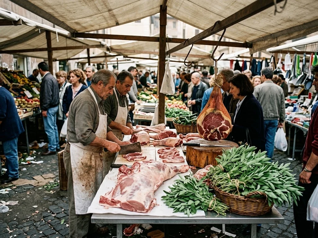 Marché romain avec étal de veau, prosciutto crudo et bouquets de sauge fraîche, scène documentaire réaliste.