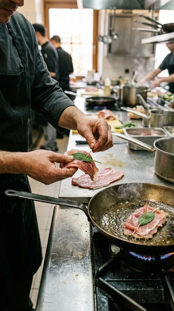 Fixer prosciutto et feuille de sauge sur une fine escalope de veau avec un cure-dent puis la saisir rapidement à la poêle
