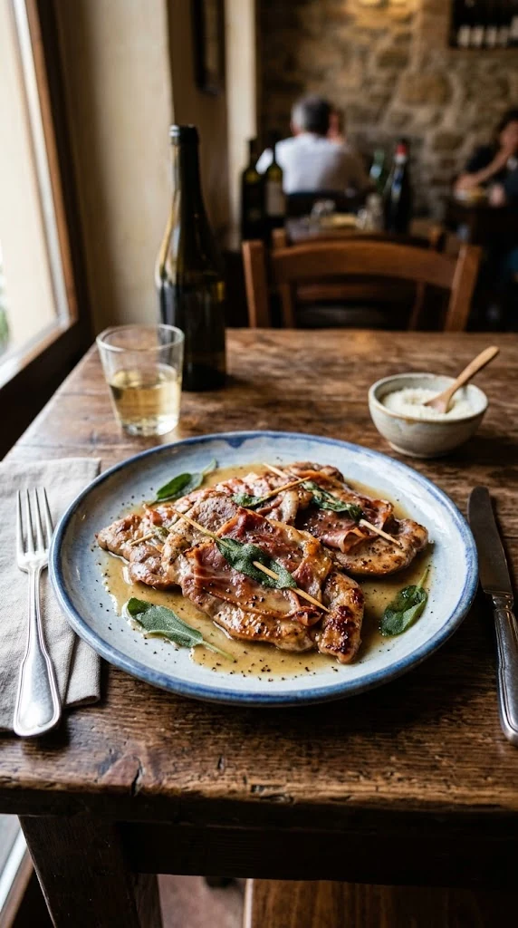 Saltimbocca alla romana, fines escalopes de veau avec prosciutto et sauge nappées de leur jus de cuisson