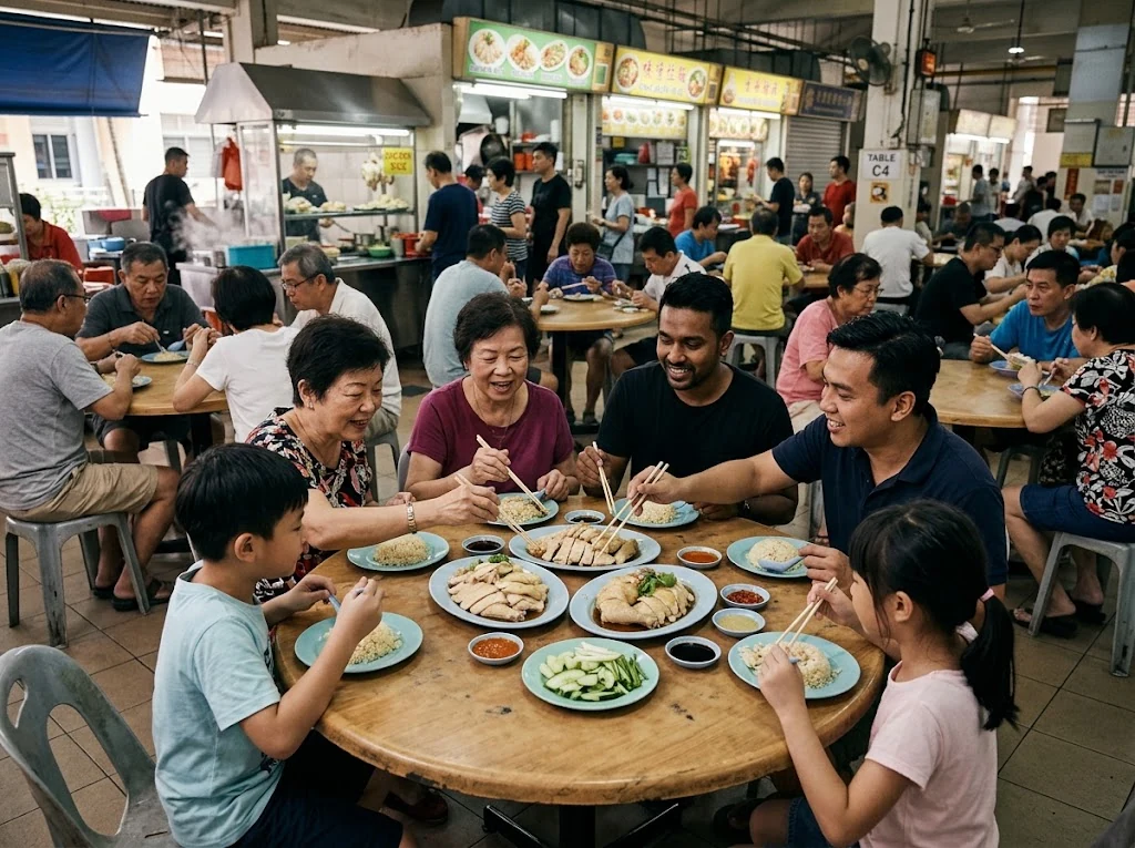 Hawker centre de Singapour avec assiettes de chicken rice partagées à table, scène quotidienne crédible.