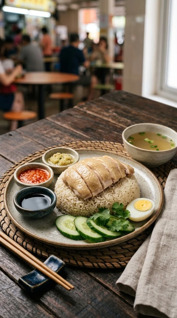 Hainanese Chicken Rice singapourien avec poulet poché tranché, riz parfumé, concombre et sauces
