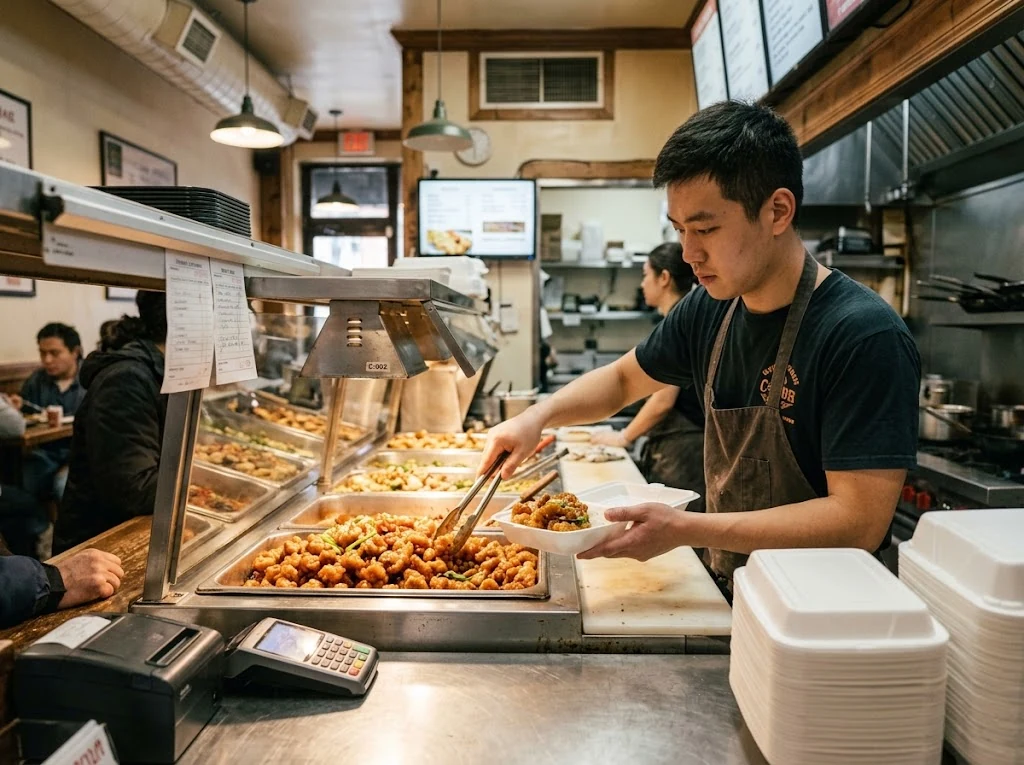 Restaurant chinois-américain contemporain, service au comptoir et plat d’Orange Chicken dans son contexte culinaire réel