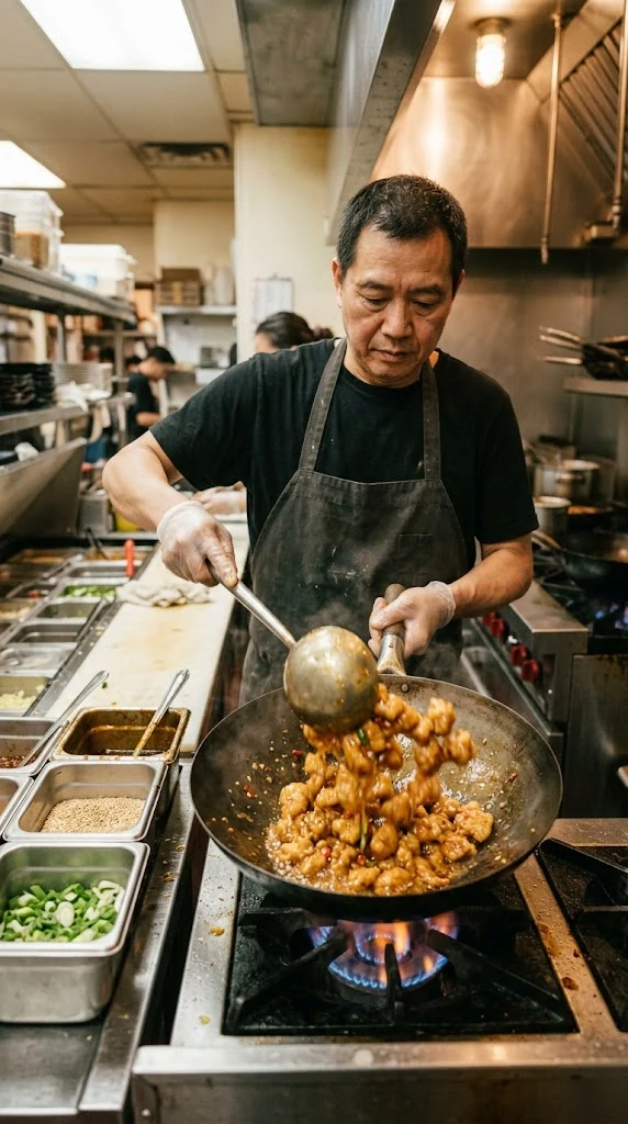 Enrober le poulet, le frire jusqu’à croustillant puis le mélanger très rapidement avec la sauce à l’orange juste avant de servir