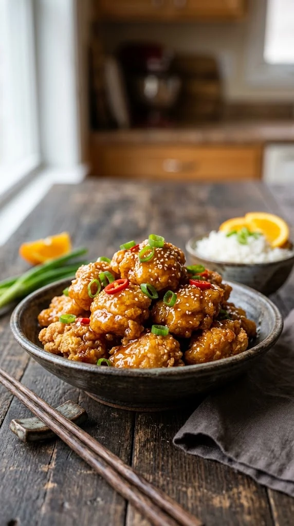 Orange Chicken chinois-américain, morceaux de poulet dorés et croustillants nappés d’une sauce brillante à l’orange
