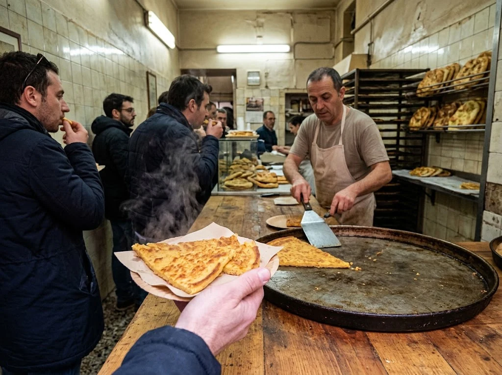 Farinata servie chaude dans une focacceria ou une adresse populaire de Gênes, scène de street food ligure crédible