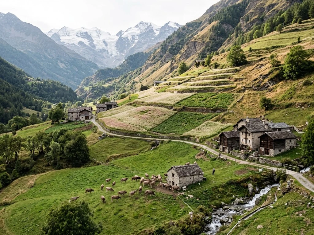 Paysage agricole alpin de la Valtelline évoquant sarrasin, élevage laitier et cuisine de montagne sans folklore artificiel