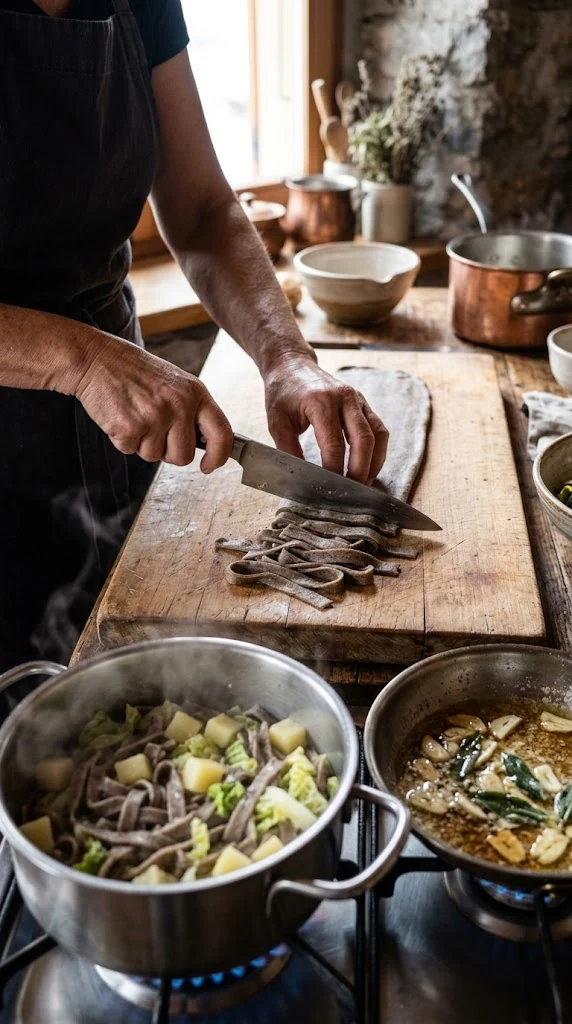 Abaisser et découper la pâte de sarrasin en rubans courts, puis assembler avec pommes de terre, chou, fromage et beurre chaud à l’ail
