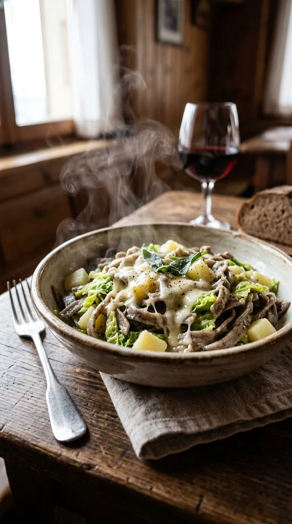 Pizzoccheri de la Valtelline servis fumants avec chou, pommes de terre et fromage fondu