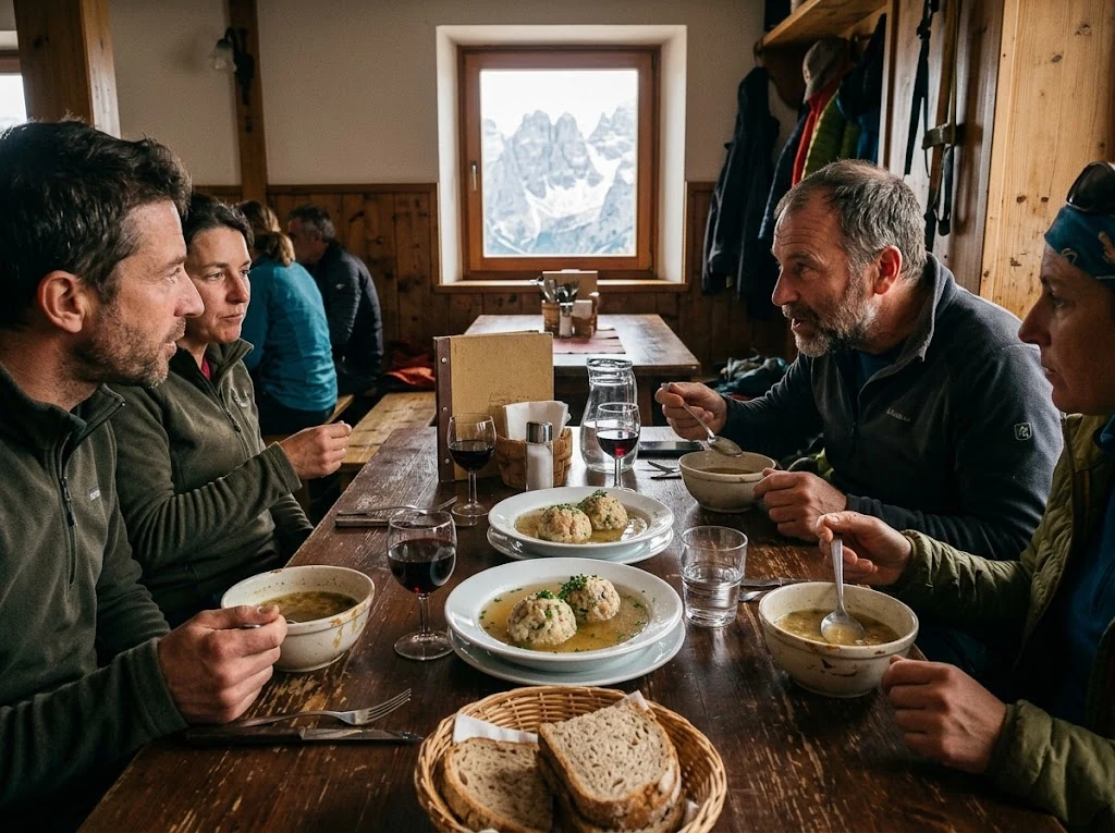Table de refuge ou auberge du Trentin servant des canederli dans un contexte alpin quotidien et crédible