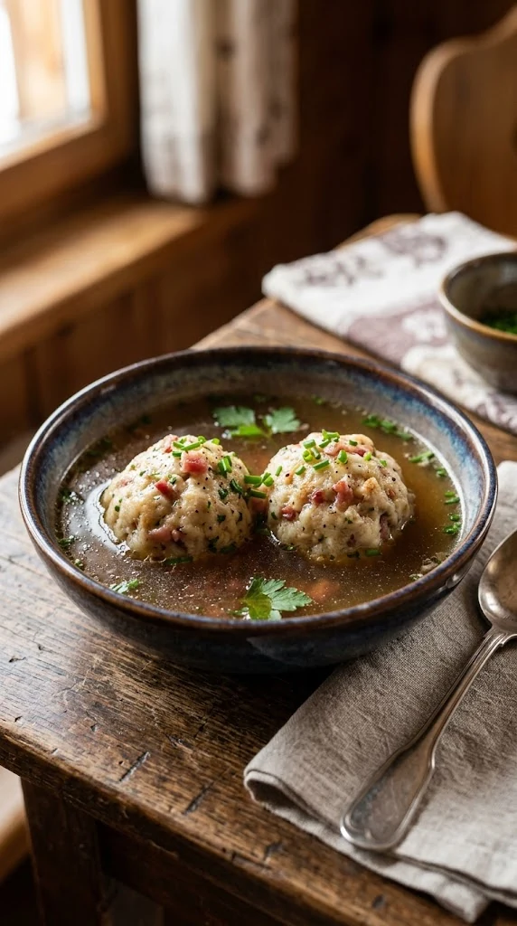 Canederli du Trentin, grosses boulettes de pain au speck servies dans un bouillon clair
