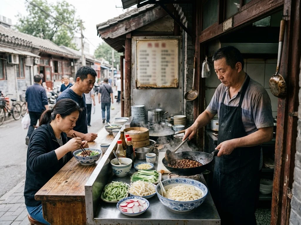 Échoppe de nouilles de Pékin préparant et servant le zhajiangmian avec ses garnitures végétales, scène urbaine crédible