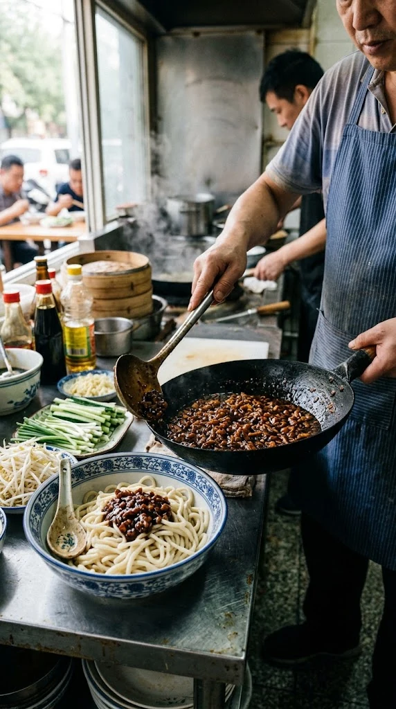 Faire frire longuement le porc avec les pâtes de soja fermenté jusqu’à obtenir une sauce sombre et concentrée, puis la servir sur les nouilles avec les garnitures fraîches