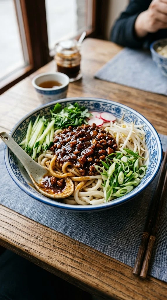Zhajiangmian chinois de Pékin, nouilles de blé nappées de sauce au porc et soja fermenté avec concombre et légumes frais