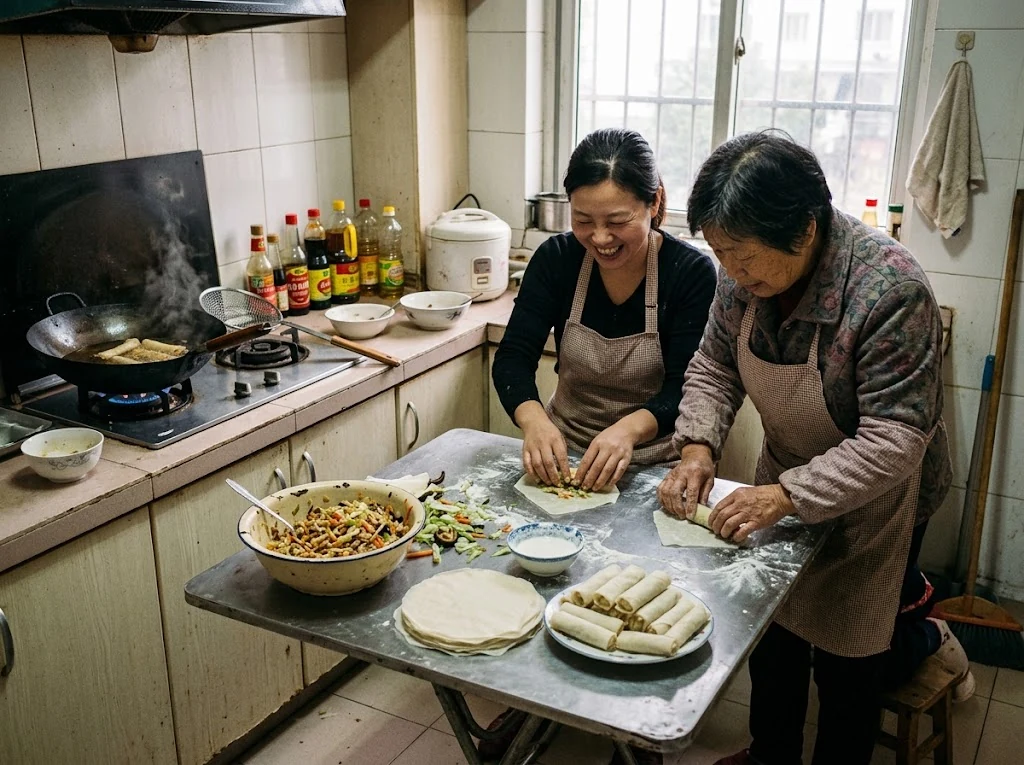 Table chinoise conviviale présentant des chun juan frits et leurs sauces, scène de partage sans folklore artificiel
