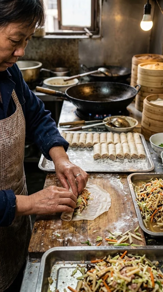 Chun Juan chinois, roulage serré des feuilles autour de la farce avant friture