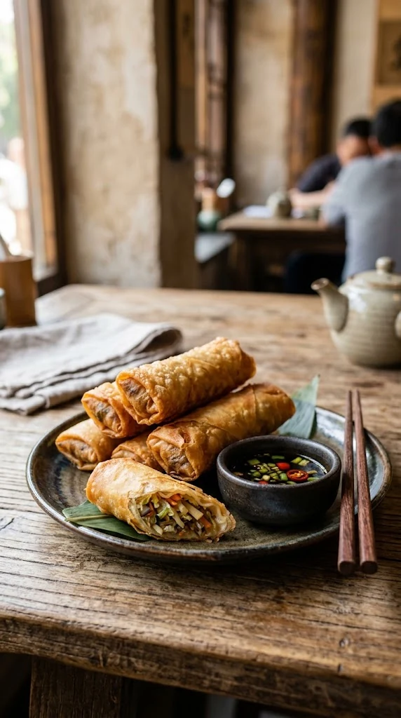 Chun juan chinois frits, rouleaux dorés et croustillants garnis de légumes, servis avec une sauce d’accompagnement