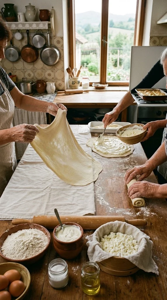 Mains étirant une pâte très fine sur un linge avant de répartir la farce au fromage frais et de la rouler