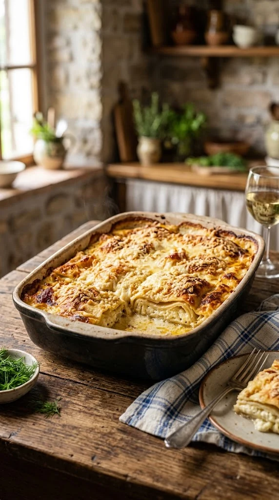 Štrukli croates roulés et gratinés dans un plat, pâte fine au fromage frais sous une couche de crème dorée