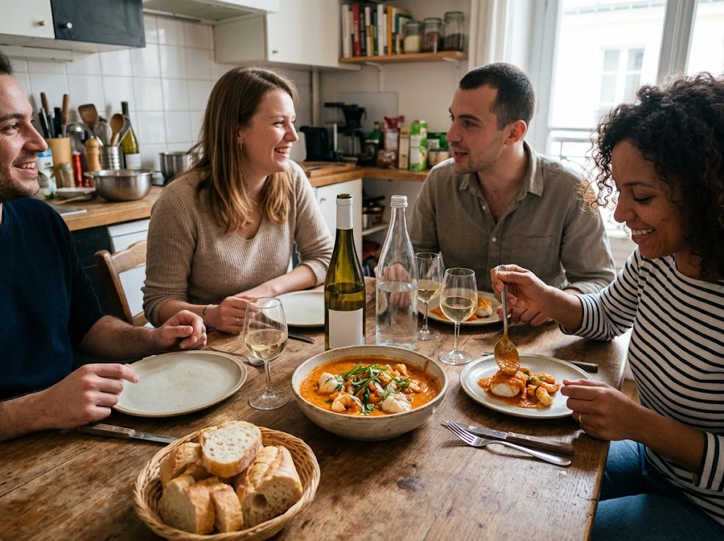 Cuisine française préparant un fond de crustacés avec carapaces, tomates et aromates