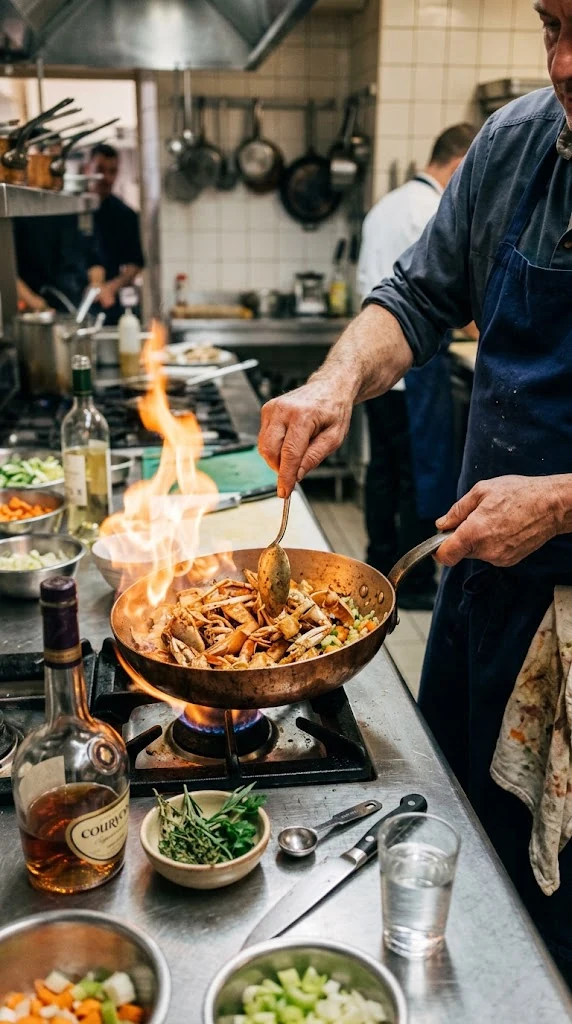 Carapaces de crustacés colorées en sauteuse avec mirepoix avant déglaçage au cognac