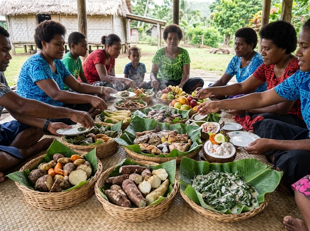 Famille fidjienne partageant un repas de lovo autour de plats de tubercules et de viande