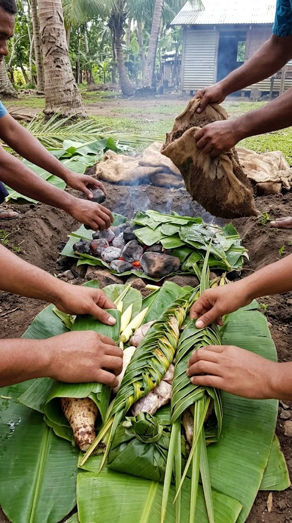 Lovo fidjien, préparation des pierres chaudes, emballage des aliments et fermeture du four de terre