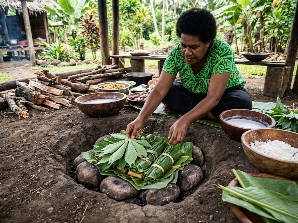 Préparation artisanale de manioc et noix de coco dans une cuisine fidjienne
