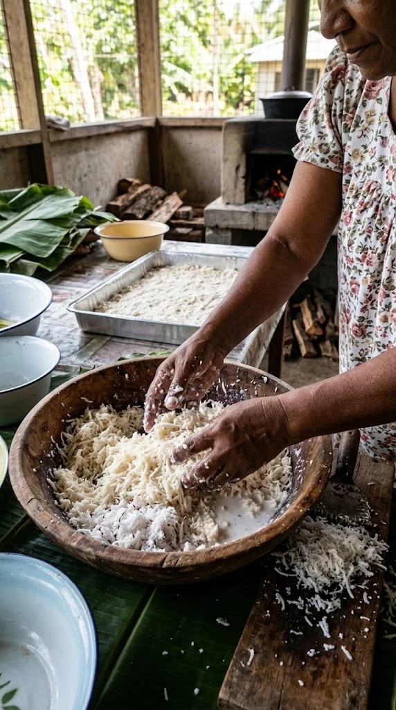 Mains râpant du manioc alimentaire épluché avant mélange avec du lait de coco