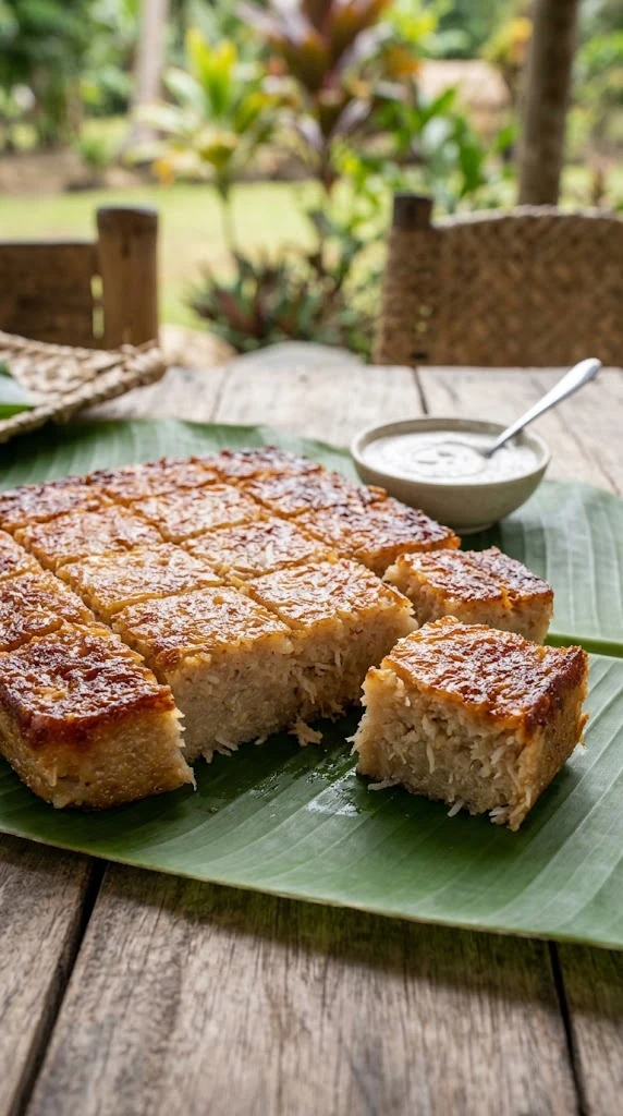 Carrés de gâteau de manioc fidjien cuits au four, texture dense et humide, servis sur une assiette