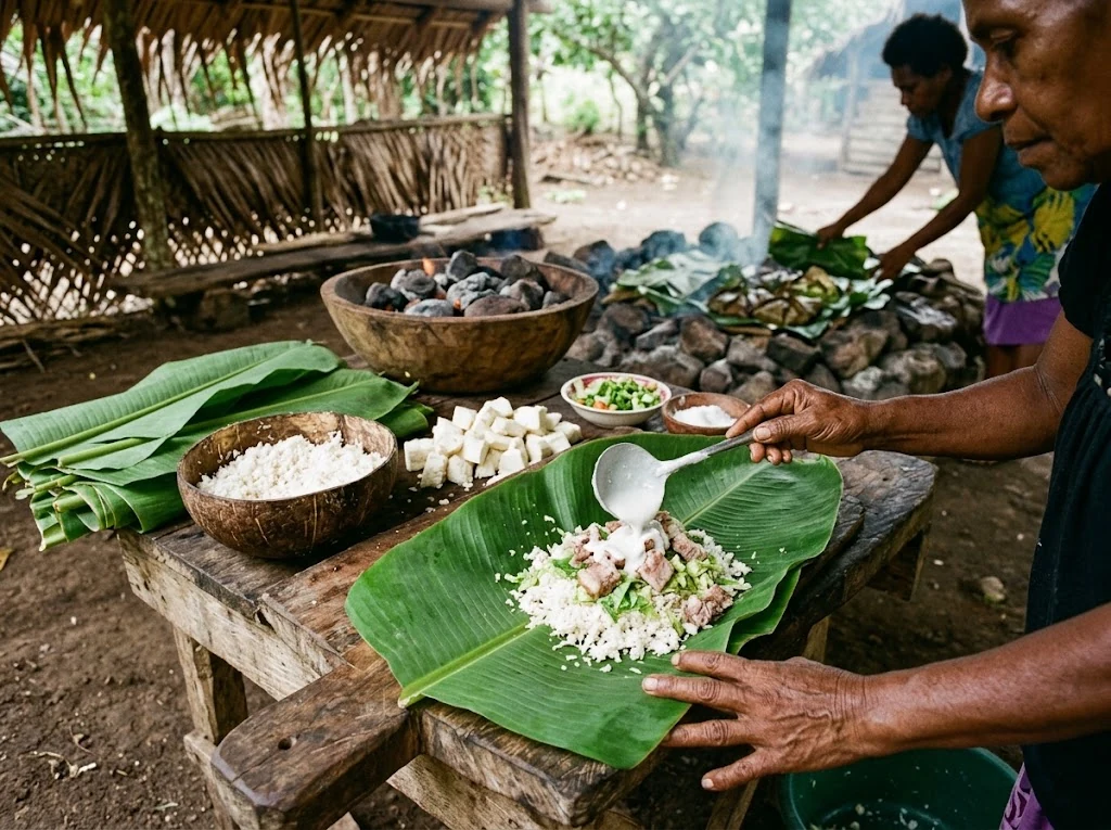 Étal de marché du Vanuatu proposant des tuluk enveloppés dans des feuilles