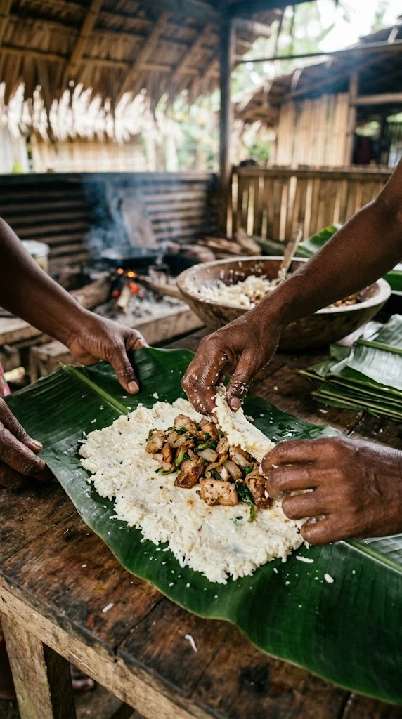 Mains refermant une pâte de manioc râpé autour d’une farce de viande sur une feuille de bananier