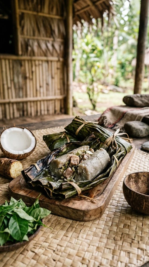 Tuluk vanuatais ouvert dans sa feuille, coque de manioc cuite autour d’une farce de viande