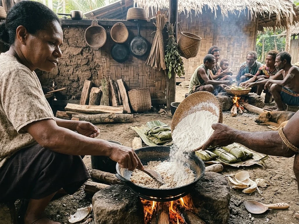 Contexte culinaire de Papouasie-Nouvelle-Guinée autour de Saksak Papou-Néo-Guinéen