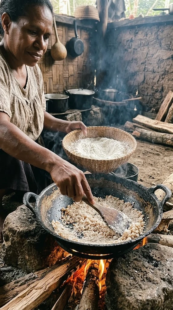 Sagou étalé dans une poêle et chauffé, geste documenté pour le saksak