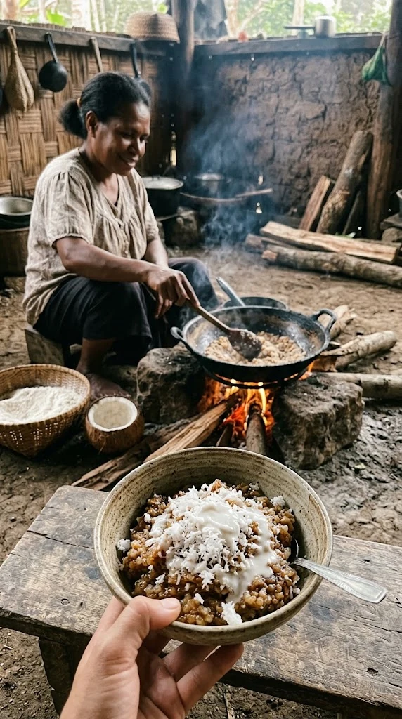 Saksak de sagou chauffé, accompagné de noix de coco râpée et de crème de coco